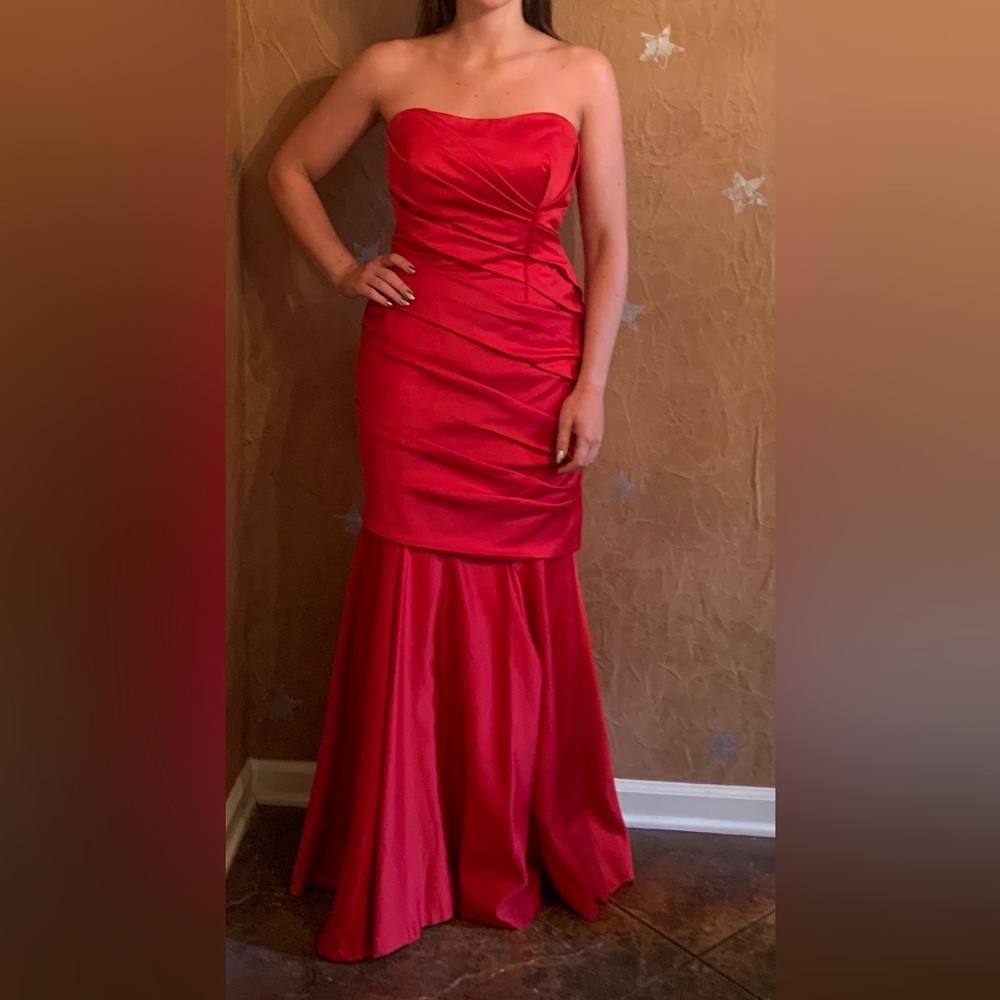 Couture Sample red satin ruched strapless evening gown